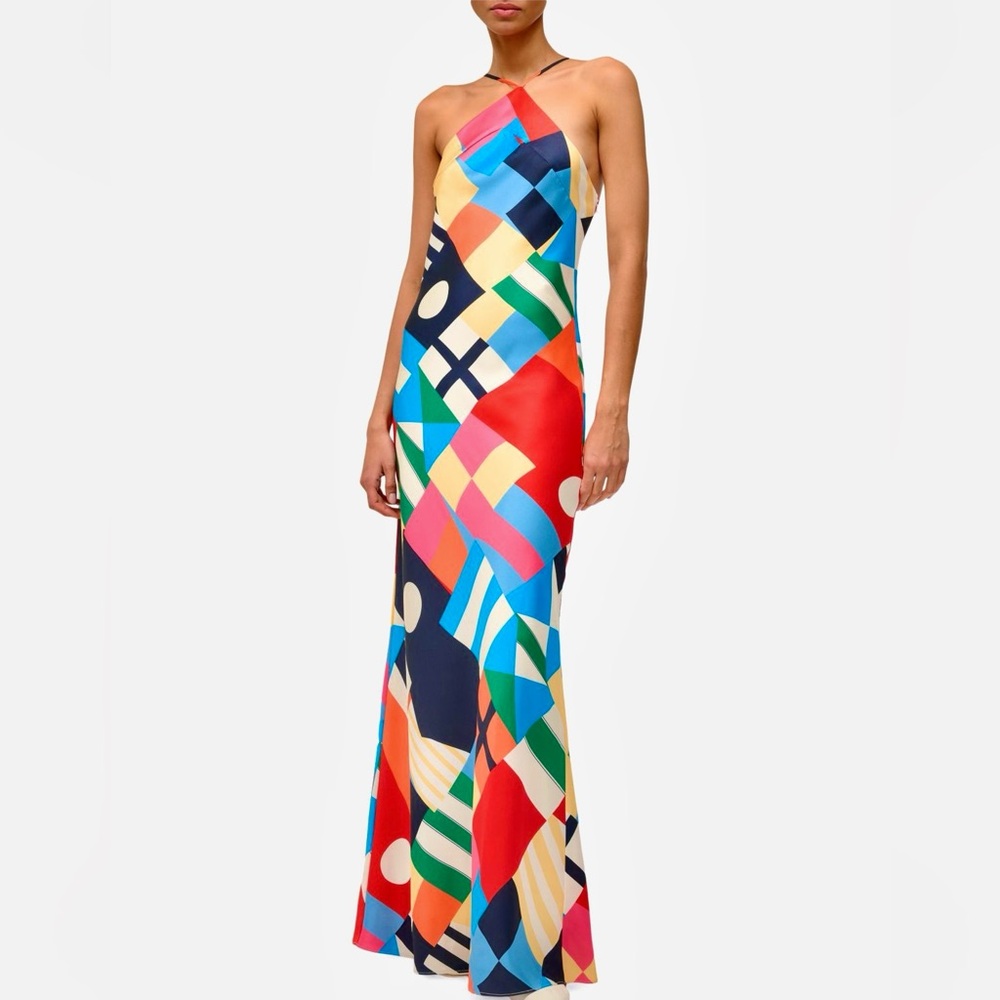 STAUD Multicolor Geometric Halter Maxi Dress — Red, Blue, Green & Yellow NWT - Picture 2 of 16